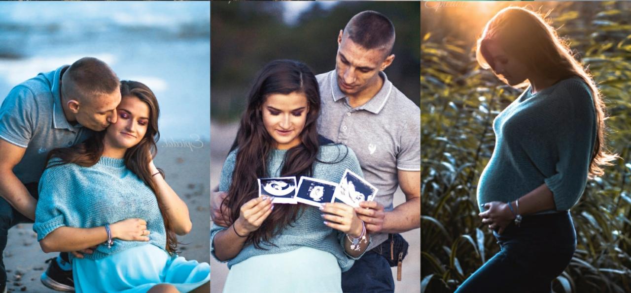 Kolaż z trzech ujęć: para na plaży, mężczyzna z kobietą trzymający zdjęcia USG, kobieta w ciąży na tle traw w promieniach słońca.