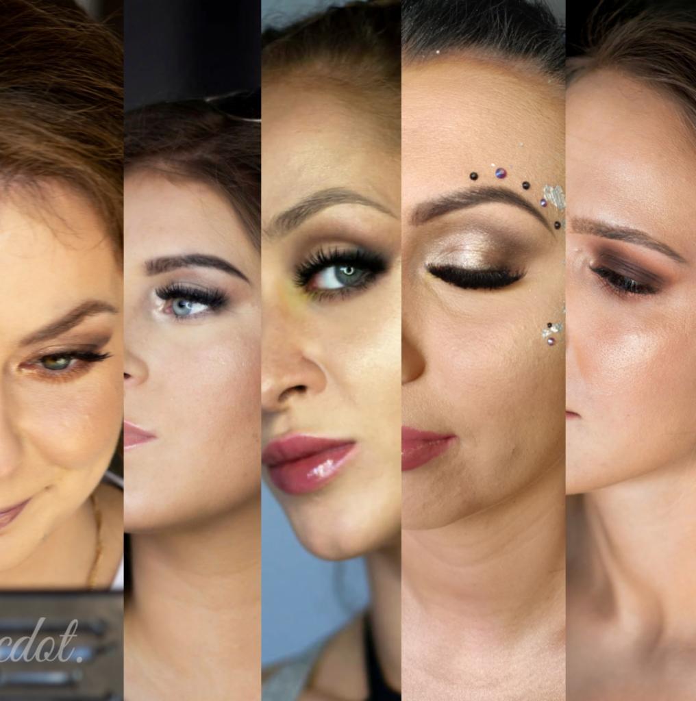 Kolaż pięciu zbliżeń twarzy kobiet z różnymi stylizacjami makijażu: smoky eye, makijaż wieczorowy z brokatem, naturalny makijaż.