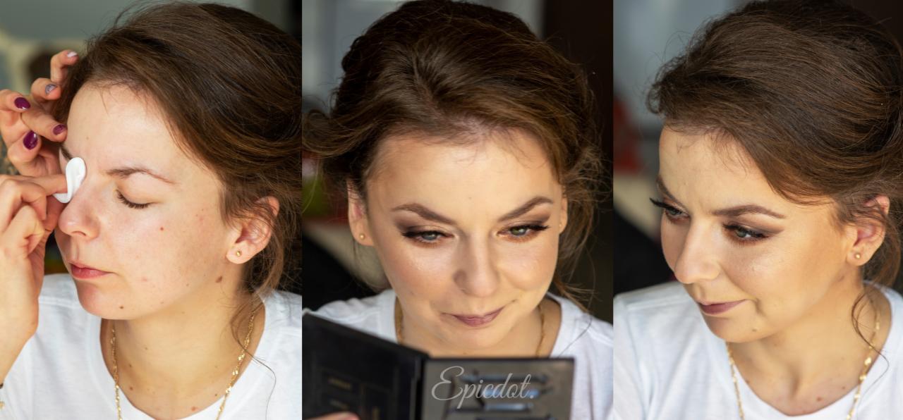 Trzy kadry z procesu wykonywania makijażu: demakijaż, nakładanie makijażu, efekt końcowy z podkreślonymi oczami i brwiami.