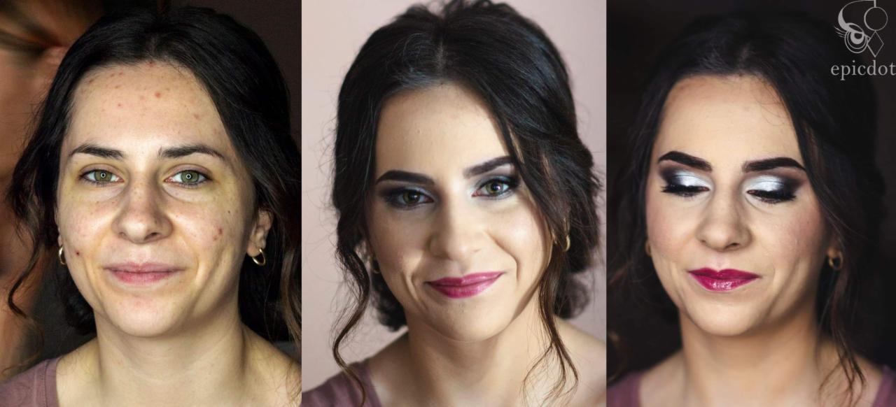 Kobieta przed, w trakcie i po wykonaniu makijażu z widocznymi zmianami skórnymi przed, delikatnym makijażem w trakcie i mocnym wieczorowym makijażem po, z boku widoczne logo firmy.