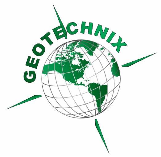 Logo firmy Geotechnix: nazwa w kolorze zielonym ułożona wokół stylizowanej kuli ziemskiej z zaznaczonymi kontynentami również w kolorze zielonym i czterema zielonymi wskaźnikami skierowanymi...