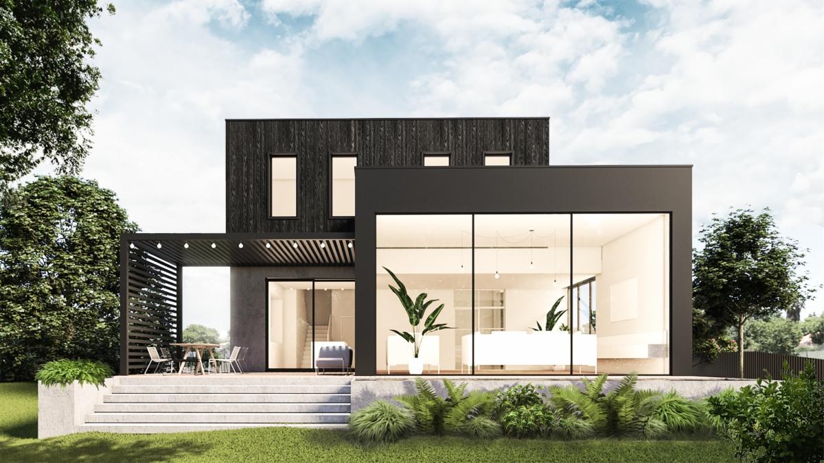Wizualizacja nowoczesnego domu jednorodzinnego z ciemną elewacją z drewna i dużymi przeszkleniami, otoczonego zielenią i tarasem z pergolą.