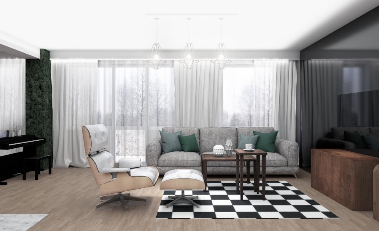 Wnętrze salonu z szarą sofą, fotel z podnóżkiem, stoliki kawowe, czarno-biały dywan w szachownicę, pianino i zielona ściana z mchu.