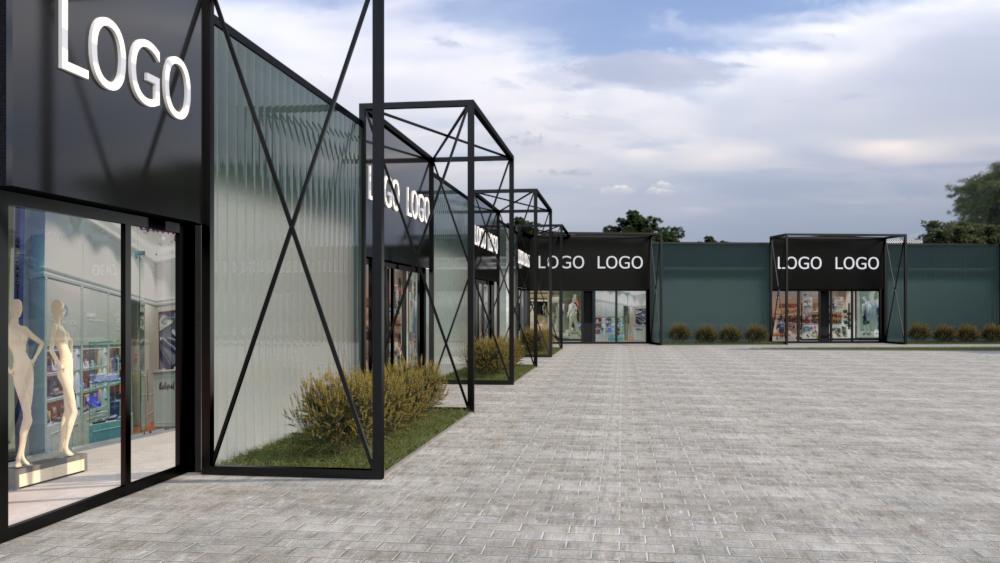 Wizualizacja szeregu budynków usługowych z przeszklonymi elewacjami i czarnymi ramami, z logo nad wejściami i niską zielenią wzdłuż fasad, ukazana z perspektywy placu wyłożonego kostką.