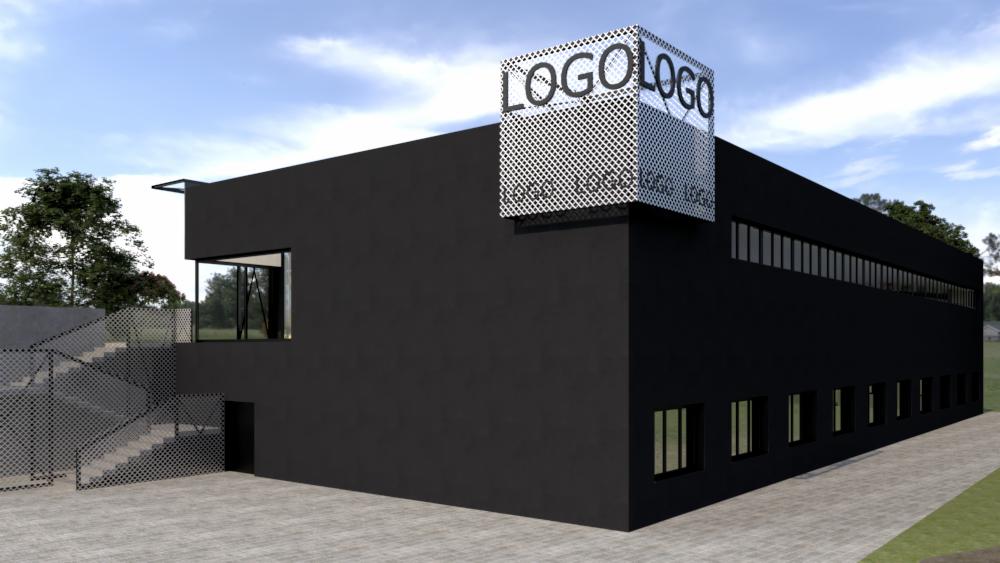 Wizualizacja budynku usługowego o nowoczesnej, minimalistycznej architekturze, z czarną elewacją i ażurowym elementem z logo na dachu.