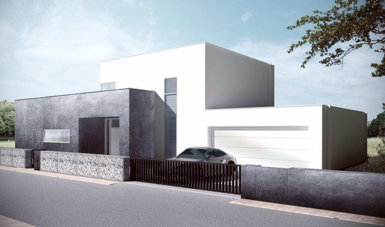 Wizualizacja nowoczesnego domu jednorodzinnego z garażem, elewacja z szarego kamienia i białego tynku, brama wjazdowa z ciemnego drewna, samochód sportowy zaparkowany na podjeździe.