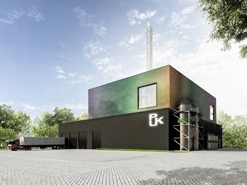 Wizualizacja nowoczesnego budynku przemysłowego z tęczową elewacją, kominem i zaparkowaną ciężarówką dostawczą na placu z kostki brukowej.