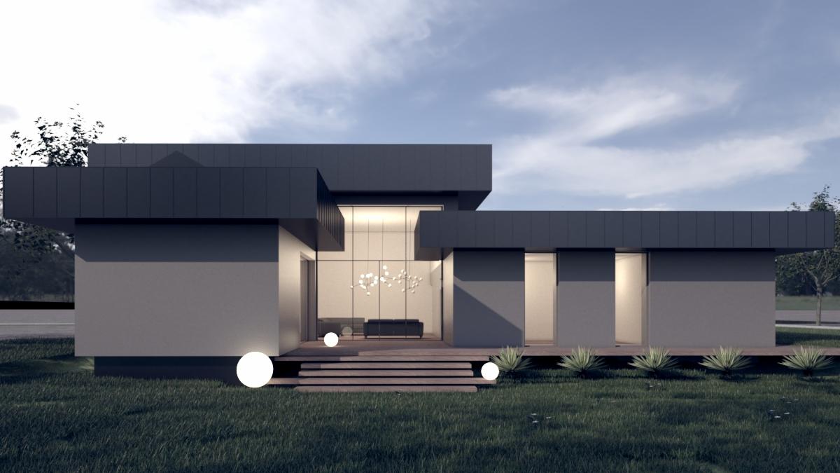 Wizualizacja nowoczesnego domu jednorodzinnego z płaskim dachem, dużymi przeszkleniami i oświetleniem zewnętrznym w postaci kul.