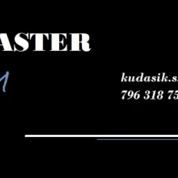 Logo firmy HomeMASTER z adresem e-mail kudasik.szymon@gmail.com i numerem telefonu 796 318 757 na czarnym tle.