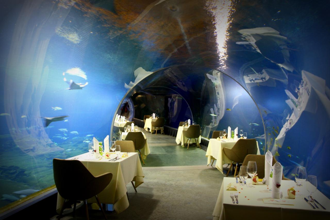 Uroczysta kolacja w podwodnym tunelu z widokiem na płaszczki i ryby, stoły nakryte białymi obrusami i elegancką zastawą.
