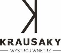 Logo firmy Krausaky Wystrój Wnętrz z charakterystycznym symbolem graficznym przypominającym literę K, umieszczone na białym tle.