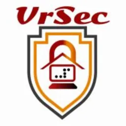 Logo firmy VrSec w kształcie tarczy z symbolem kłódki i monitora, utrzymane w kolorystyce czerwono-pomarańczowej.