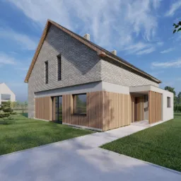 Wizualizacja domu jednorodzinnego z dwuspadowym dachem pokrytym szarą cegłą, drewnianą elewacją parteru i betonowym chodnikiem prowadzącym do wejścia, z widocznym fragmentem samochodu w prawym...