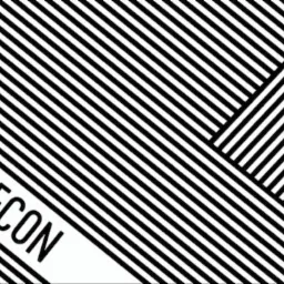 Abstrakcyjne tło z czarno-białymi ukośnymi pasami, w lewym dolnym rogu biały prostokąt z napisem POLECON