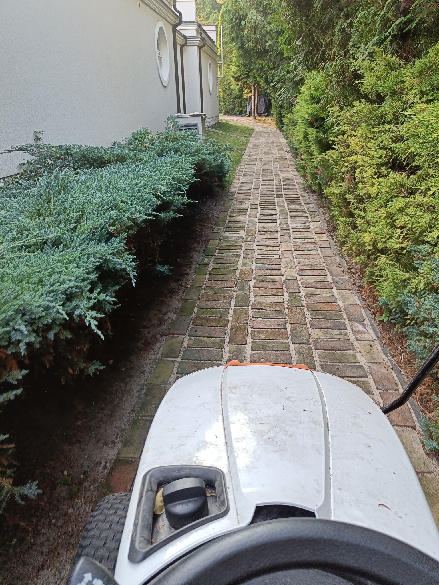 Widok z perspektywy operatora kosiarki traktorka na brukowaną ścieżkę między zadbanymi krzewami i żywopłotem, prowadzącą wzdłuż budynku z owalnymi oknami.