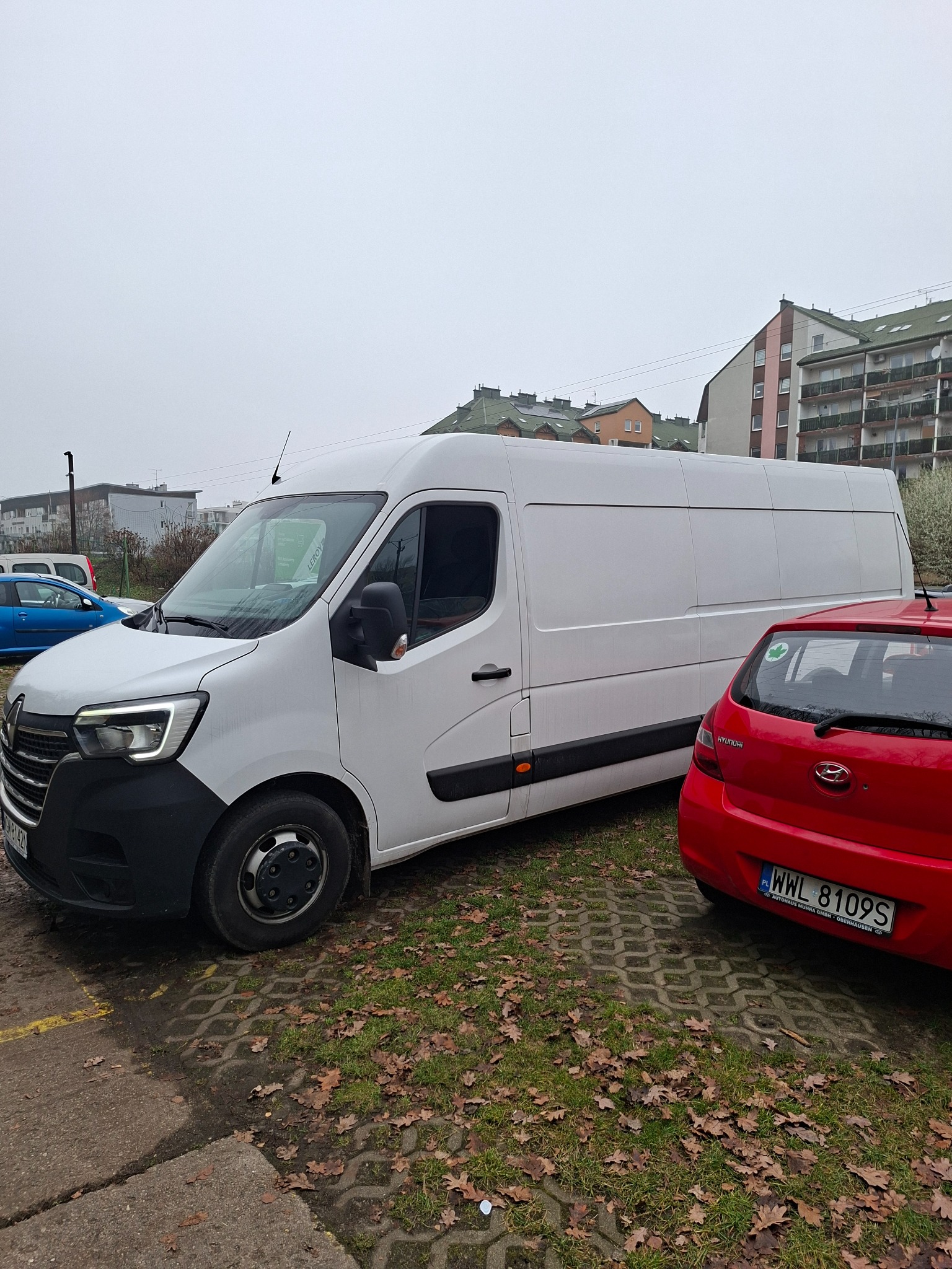Biały bus Renault Master zaparkowany obok czerwonego Hyundaia na kostce brukowej z liśćmi, w tle budynki mieszkalne w pochmurny dzień.