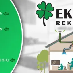 Grafika reklamowa systemu wentylacji z rekuperacją, prezentująca schemat instalacji w domu jednorodzinnym i korzyści: świeże powietrze, brak alergenów, niski poziom CO2, oszczędność na ogrzewaniu.