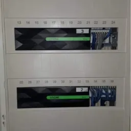 Rozdzielnica elektryczna z modułami Loxone, widoczne numery modułów od 1 do 4, okablowanie w kolorze niebieskim i szarym.