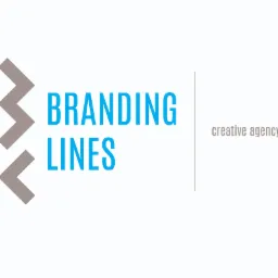 Minimalistyczny projekt logo z abstrakcyjnym symbolem po lewej stronie i napisem 'BRANDING LINES' w kolorze błękitnym, obok pionowa linia i tekst 'creative agency' w kolorze szarym na białym tle.