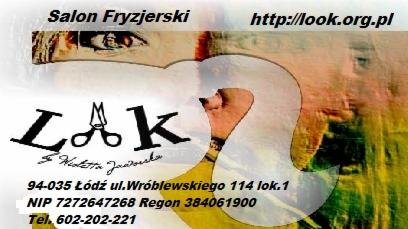 Wizytówka salonu z Łodzi: adres Wróblewskiego 114, NIP 7272647268, Regon 384061900, tel. 602-202-221, strona look.org.pl. Stylizowane logo z nożyczkami.