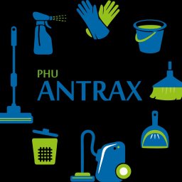 PHU ANTRAX - Ilustracja z ikonami sprzętów do sprzątania: mop, odkurzacz, wiadro, zmiotka, szufelka, rękawice, spryskiwacz i kosz na śmieci. Logo firmy PHU Antrax.