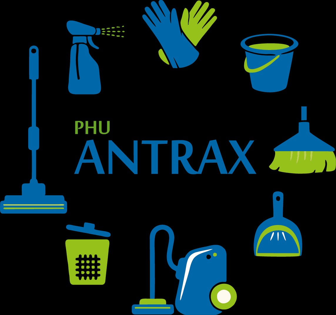 Ilustracja z ikonami sprzętów do sprzątania: mop, odkurzacz, wiadro, zmiotka, szufelka, rękawice, spryskiwacz i kosz na śmieci. Logo firmy PHU Antrax.