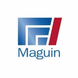 Logo firmy Maguin z niebiesko-czerwonym symbolem graficznym powyżej nazwy.