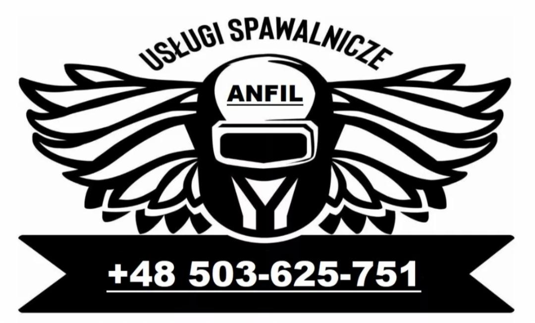 Czarno-białe logo firmy spawalniczej ANFIL z numerem telefonu +48 503-625-751, stylizowane na hełm spawalniczy z rozchodzącymi się iskrami.