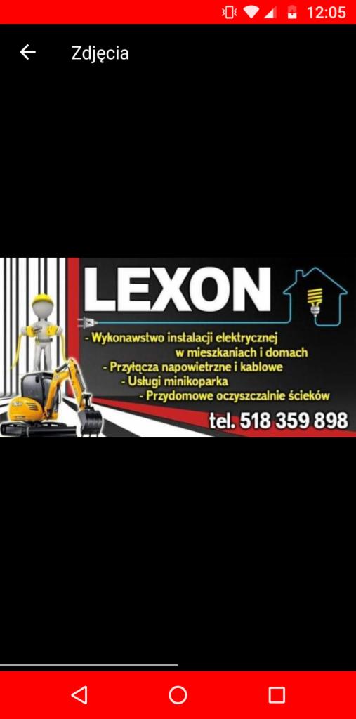 Grafika reklamowa firmy Lexon oferującej wykonawstwo instalacji elektrycznych, przyłącza napowietrzne i kablowe, usługi minikoparką oraz przydomowe oczyszczalnie ścieków, z numerem telefonu 518 359...