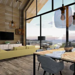 Wnętrze salonu z kominkiem, żółtą sofą, drewnianą podłogą i stołem z żywicą epoksydową, widok na taras i krajobraz za oknem.