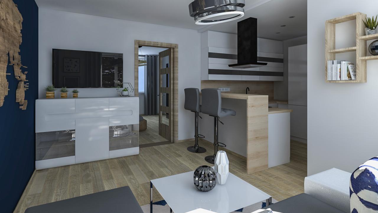 Wizualizacja wnętrza mieszkania: salon z aneksem kuchennym, dominują biele i szarości, akcenty drewniane, nowoczesne oświetlenie sufitowe, dekoracyjna mapa świata na ścianie.