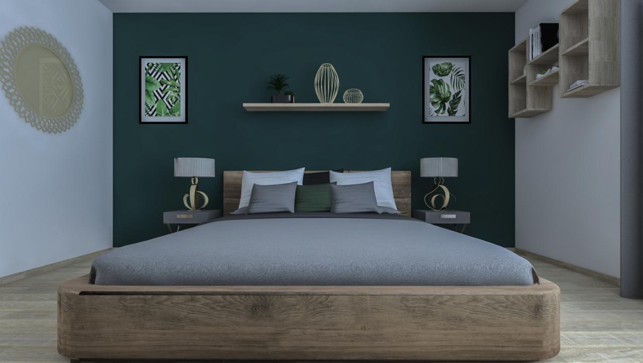 Nowoczesna sypialnia z drewnianym łóżkiem, szarą pościelą, ciemnozieloną ścianą i dekoracjami w stylu minimalistycznym, oświetlona lampkami nocnymi z abażurami. Na ścianie wiszą grafiki z motywem...