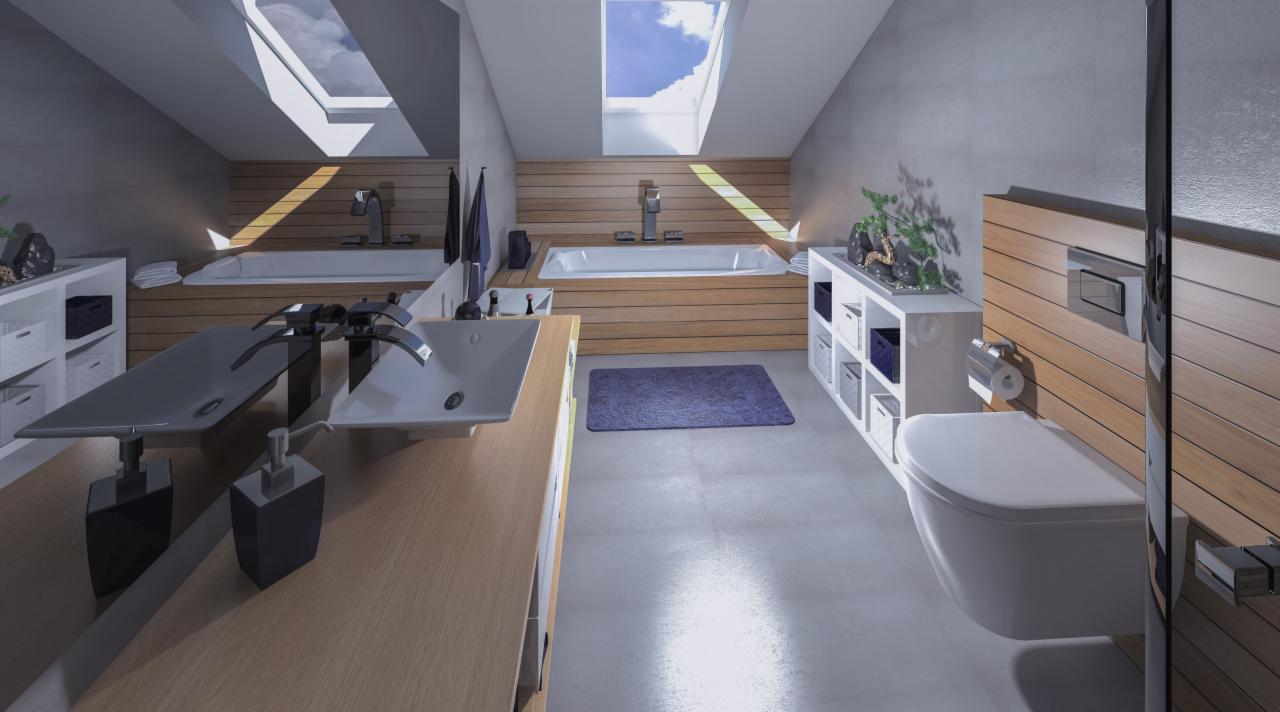 Wizualizacja nowoczesnej łazienki na poddaszu z drewnianą boazerią, dwoma umywalkami, wanną pod oknem dachowym i wiszącą toaletą.