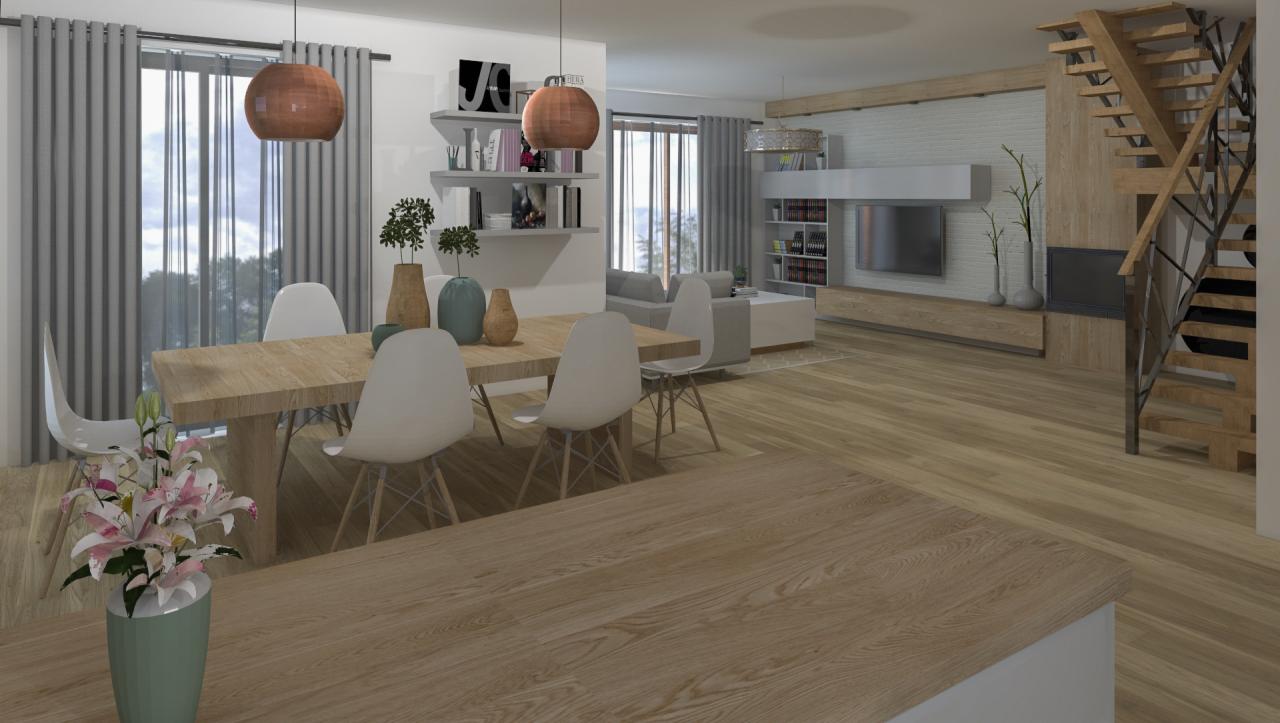 Wizualizacja przestronnego salonu z jadalnią, drewniana podłoga, stół z białymi krzesłami, dekoracyjne lampy wiszące, schody z drewnianymi stopniami i metalową balustradą, telewizor na ścianie...