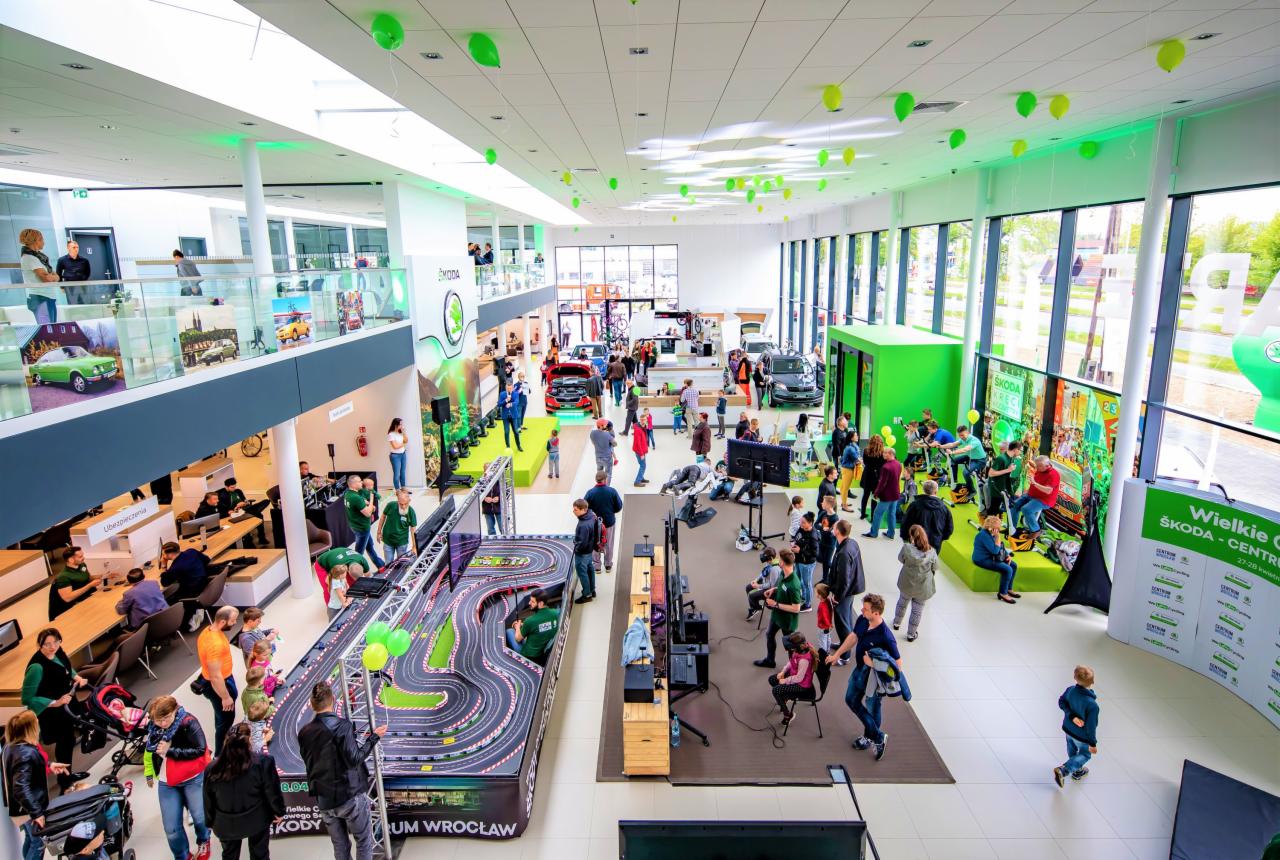 Wnętrze salonu samochodowego Skoda udekorowane zielonymi balonami, z torami wyścigowymi dla dzieci i stanowiskami VR, widok z góry, duża liczba osób.