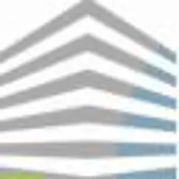 Abstrakcyjna grafika budynku z szarymi, niebieskimi i zielonymi elementami, przypominająca logo lub symbol związany z nieruchomościami.