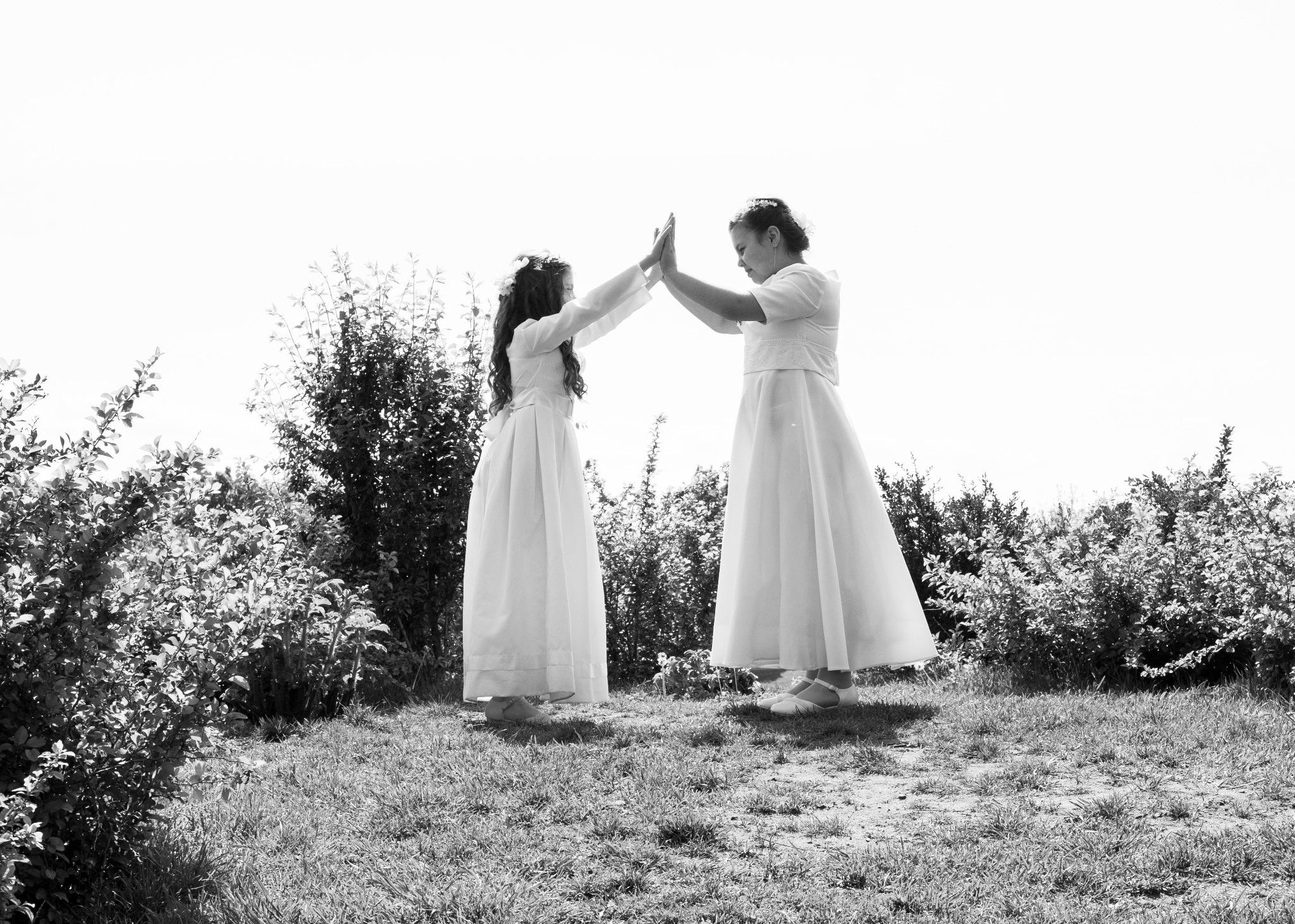 Dwie dziewczynki w białych sukienkach, stojące na trawie, dotykają dłońmi, w tle zieleń krzewów, zdjęcie w czerni i bieli.