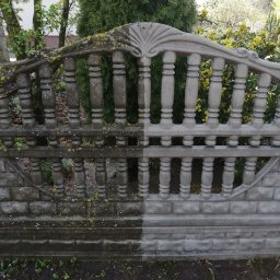 GREEN-BAU TECHNIK Cezary Palęga - Częściowo wyczyszczone, betonowe ogrodzenie z porostami, ukazujące różnicę przed i po czyszczeniu; tło z zielenią.