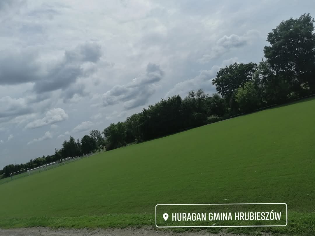 Rozległe, równo skoszone boisko sportowe w pochmurny dzień, widoczne drzewa w tle i fragment bramki.