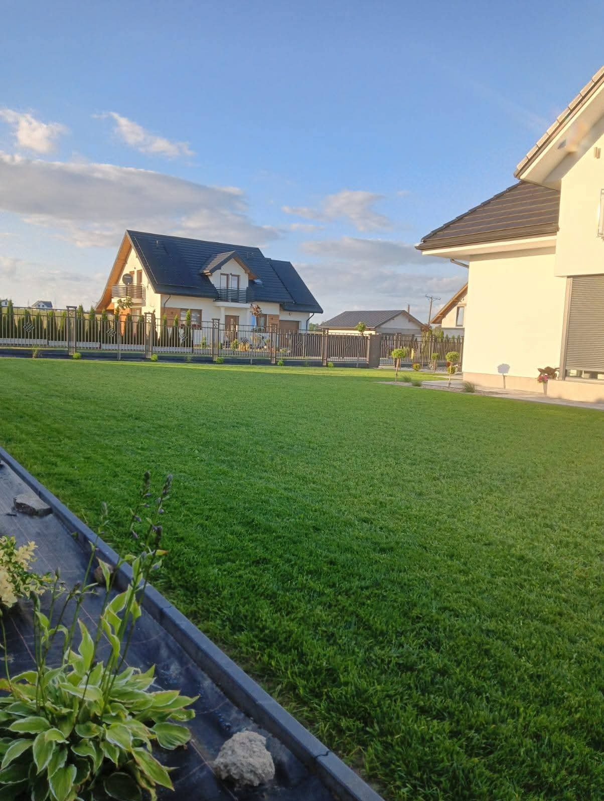 Perfekcyjnie skoszony trawnik przed domem jednorodzinnym z ciemnym dachem i ogrodzeniem. Widoczne rabaty kwiatowe i drzewka ozdobne. Słoneczny dzień.