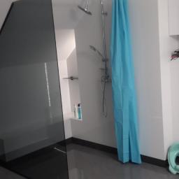 Nowaprzestrzen - Nowoczesna łazienka z kabiną prysznicową ze szkła dymionego, niebieską zasłoną prysznicową, toaletą i nocnikiem dziecięcym.