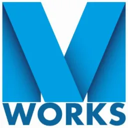 Błękitne logo 'M WORKS' z efektem 3D, na białym tle. Litera M utworzona z dwóch nachodzących na siebie elementów.