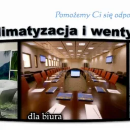 Klimatyzacja i wentylacja dla domu, biura i obiektów przemysłowych. Logo firmy KrakLimar.pl w górnym lewym rogu. Hasło: Pomożemy Ci się odpowiednio zaklimatyzować!