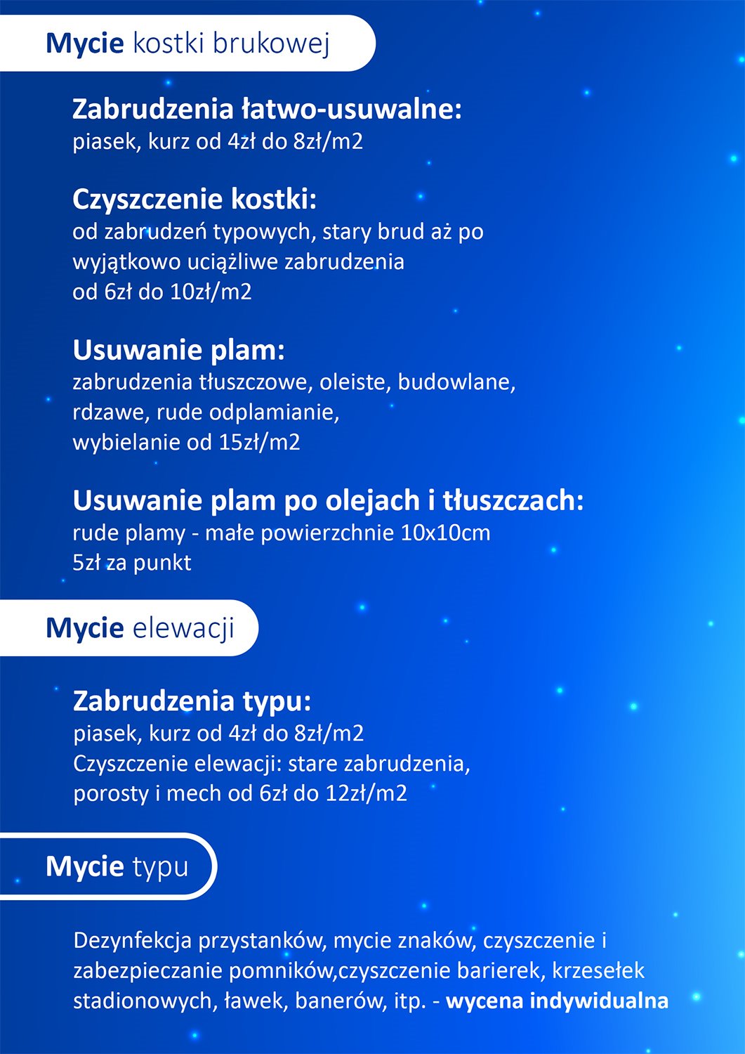Grafika informacyjna z cennikiem usług czyszczenia kostki brukowej, elewacji i innych powierzchni, z wyszczególnieniem rodzajów zabrudzeń i stawek za metr kwadratowy lub punkt.