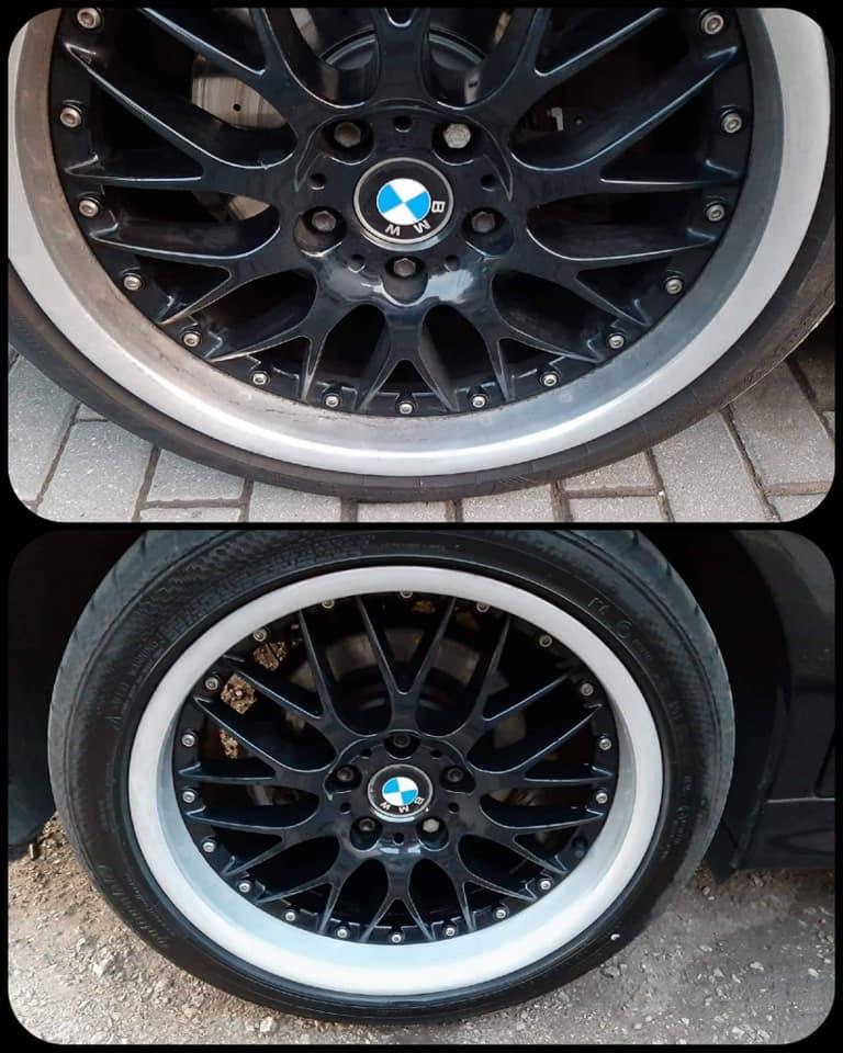 Porównanie felgi BMW przed i po czyszczeniu, widoczne różnice w zabrudzeniach i połysku na czarnym, wieloramiennym wzorze felgi z srebrnym rantem.