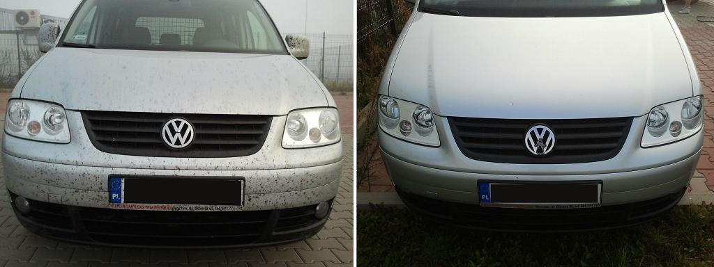 Porównanie: Przód srebrnego Volkswagena Tourana, po lewej brudny z plamami po owadach, po prawej świeżo umyty, na kostce brukowej.
