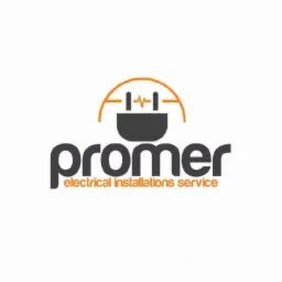 Logo firmy 'promer electrical installations service' z symbolem wtyczki elektrycznej w pomarańczowej obwódce.