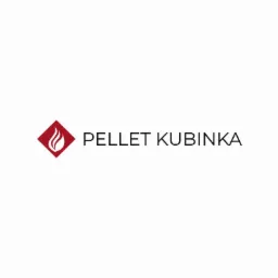 Logo firmy Pellet Kubinka z czerwonym rombem i płomieniem na białym tle.