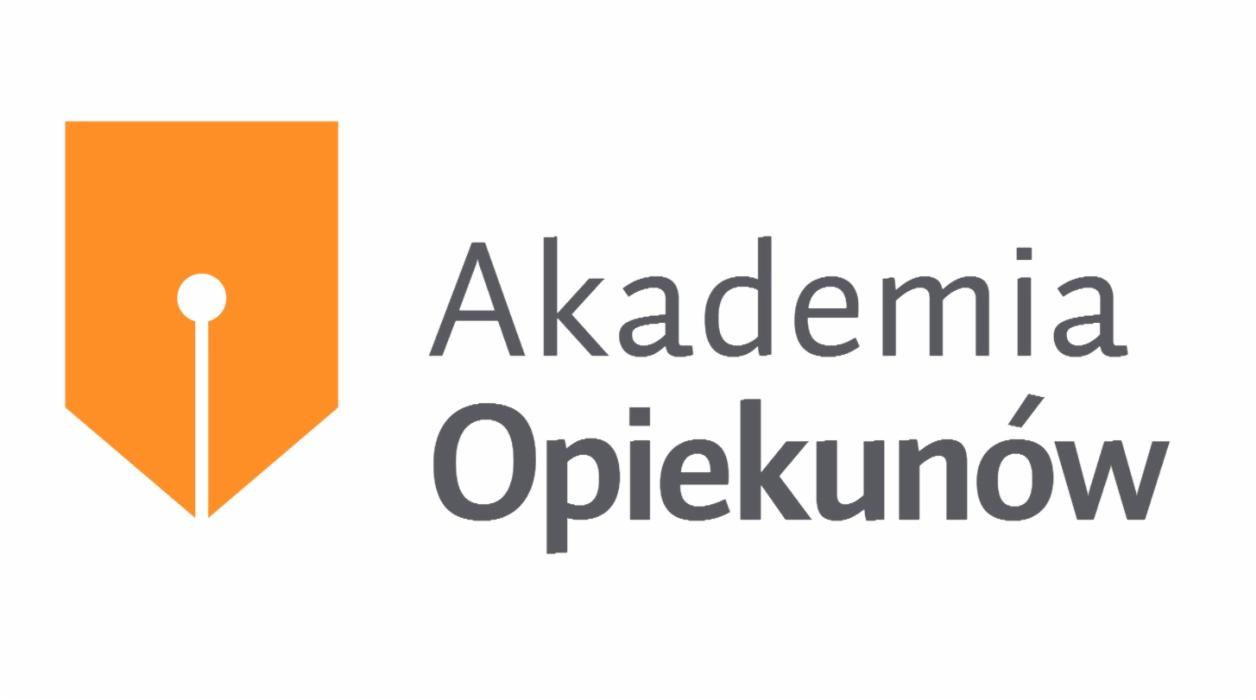 Logo Akademii Opiekunów: pomarańczowy symbol pióra i szary napis nazwy.
