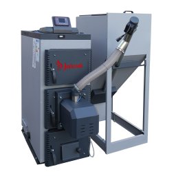 Kocioł na drewno i pellet. Po wypaleniu drewna palnik uruchamia się automatycznie.